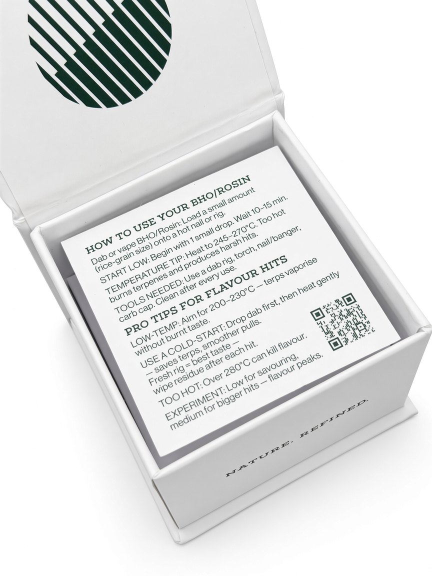 Reverse of the Resin insert card listing usage and temperature guidance beside a QR code