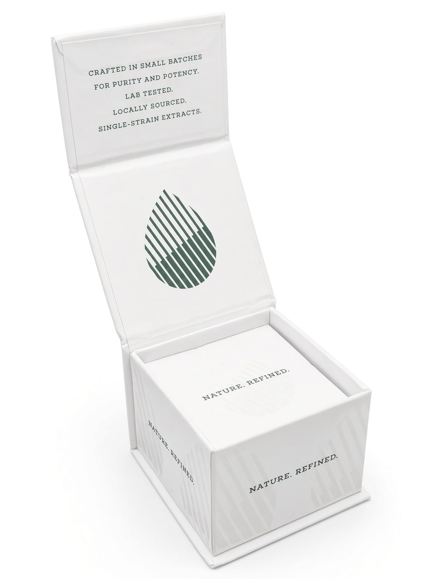 Resin box opened upright showing the printed lid message and drop motif